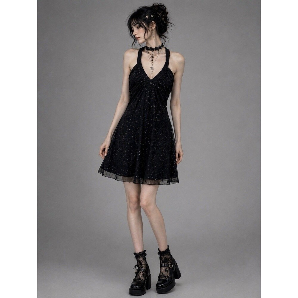 Rampage 90’s Black Shimmer Overlay Halter Dress Whimsygoth Fairy Size L - Picture 2 of 6